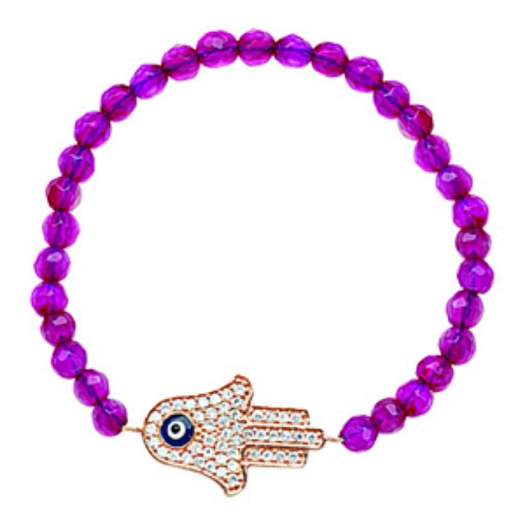 Silver Rose Gold Fuchsia Hamsa Stretch Bracelet